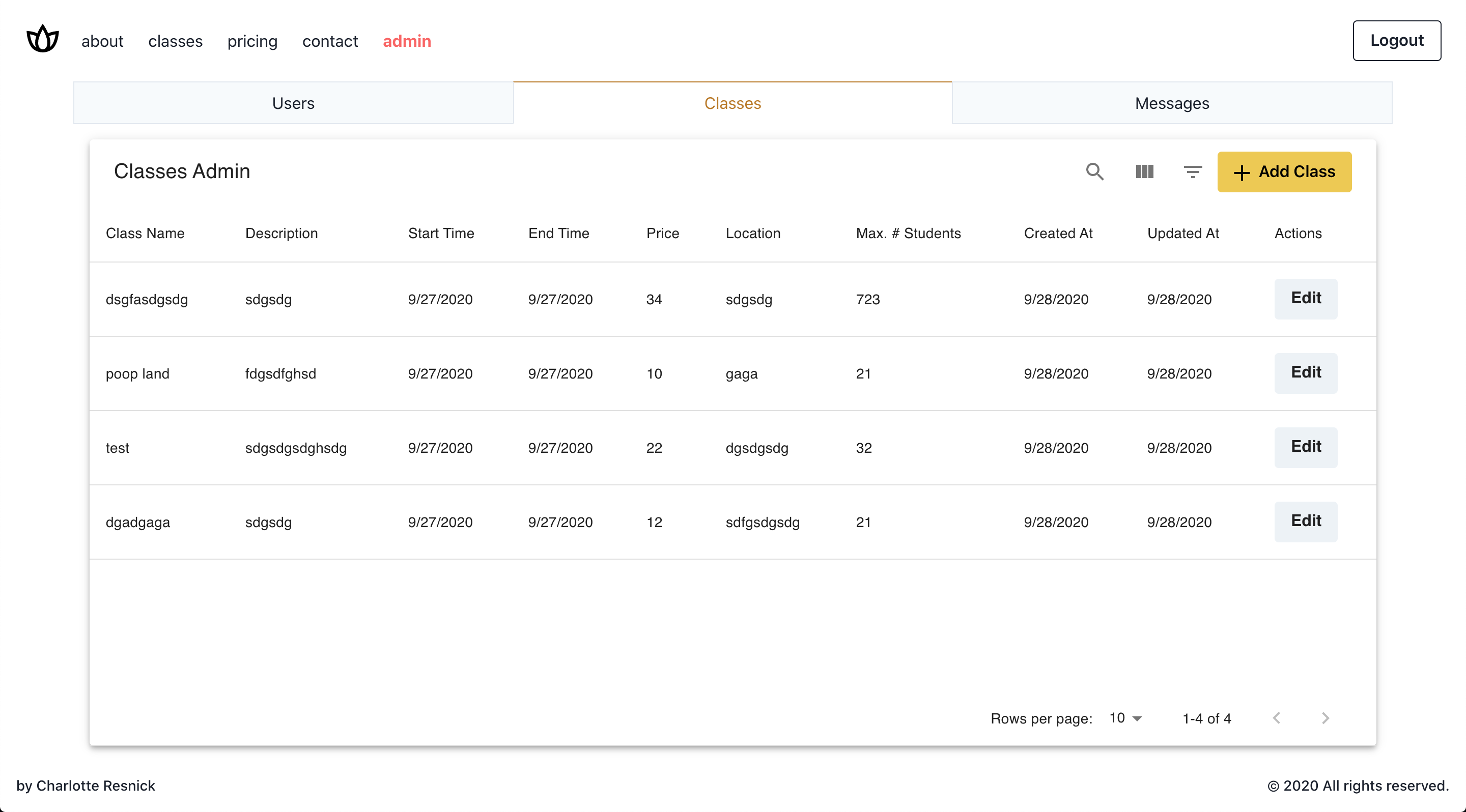 Admin Dashboard Classes Table
