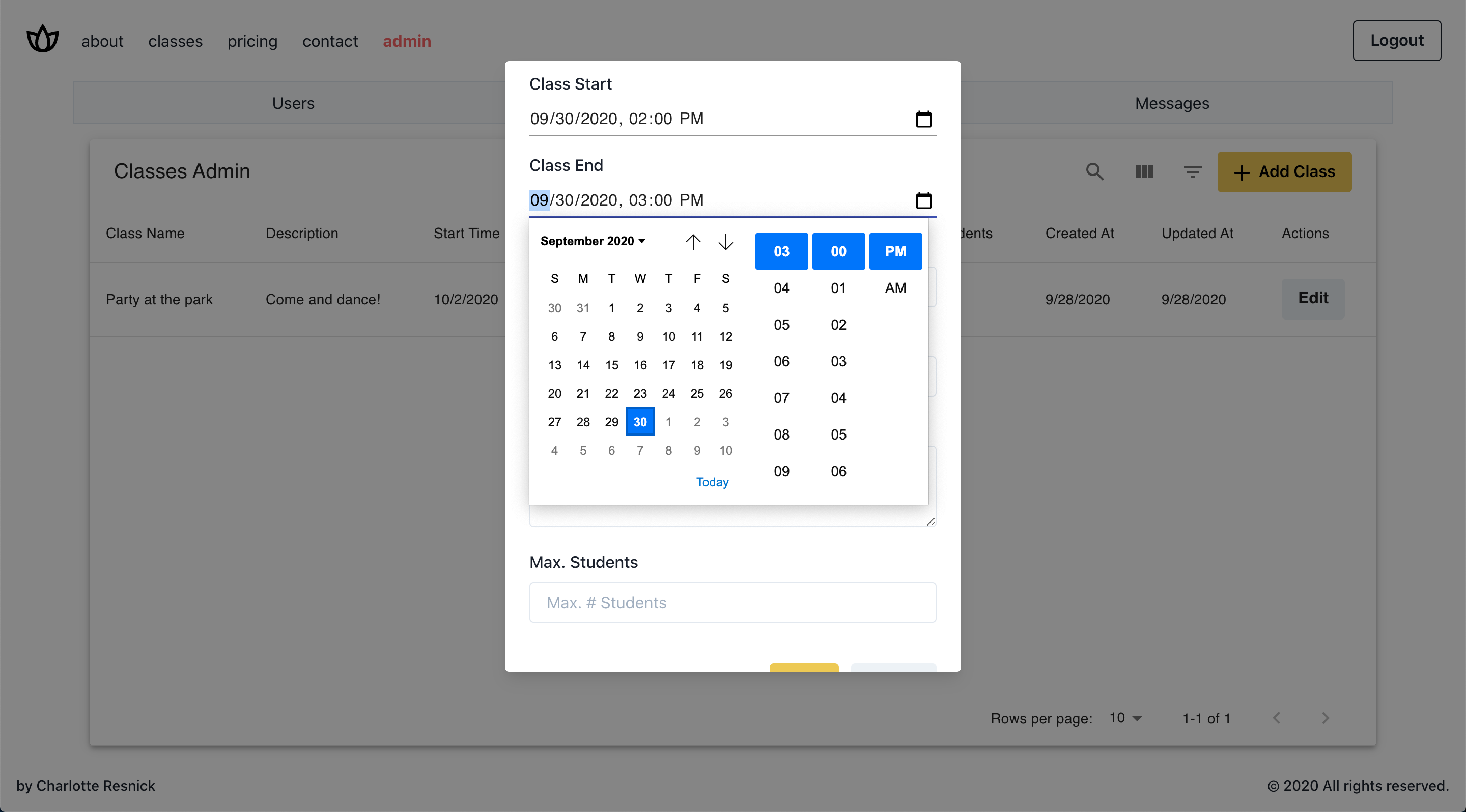 Edit Class Time Dropdown